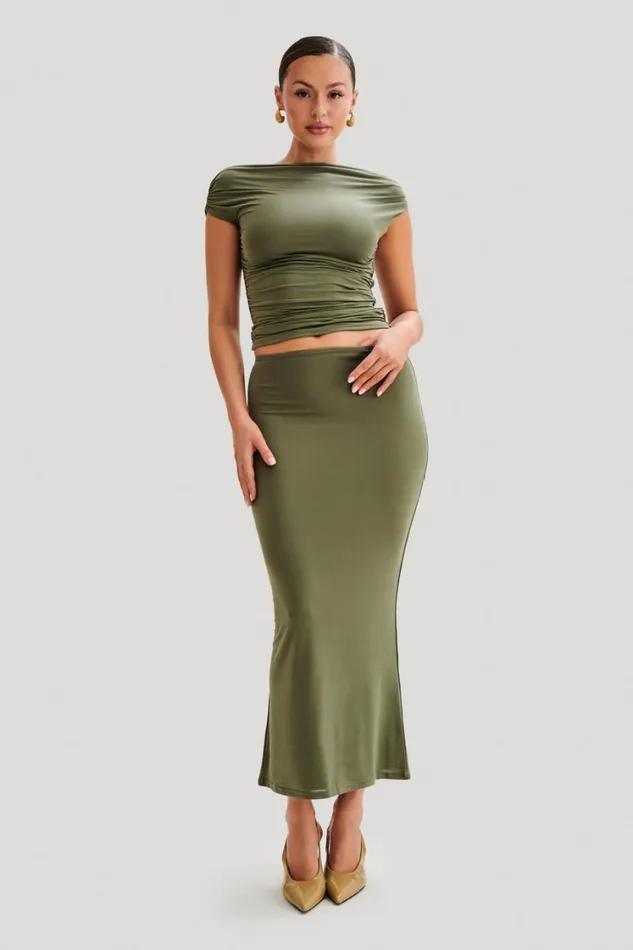 Women Meshki Bottoms Charlene Slinky Midi Skirt 8211 Olive