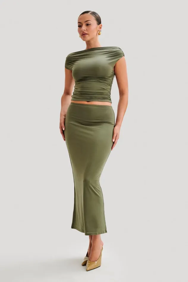 Women Meshki Bottoms Charlene Slinky Midi Skirt 8211 Olive