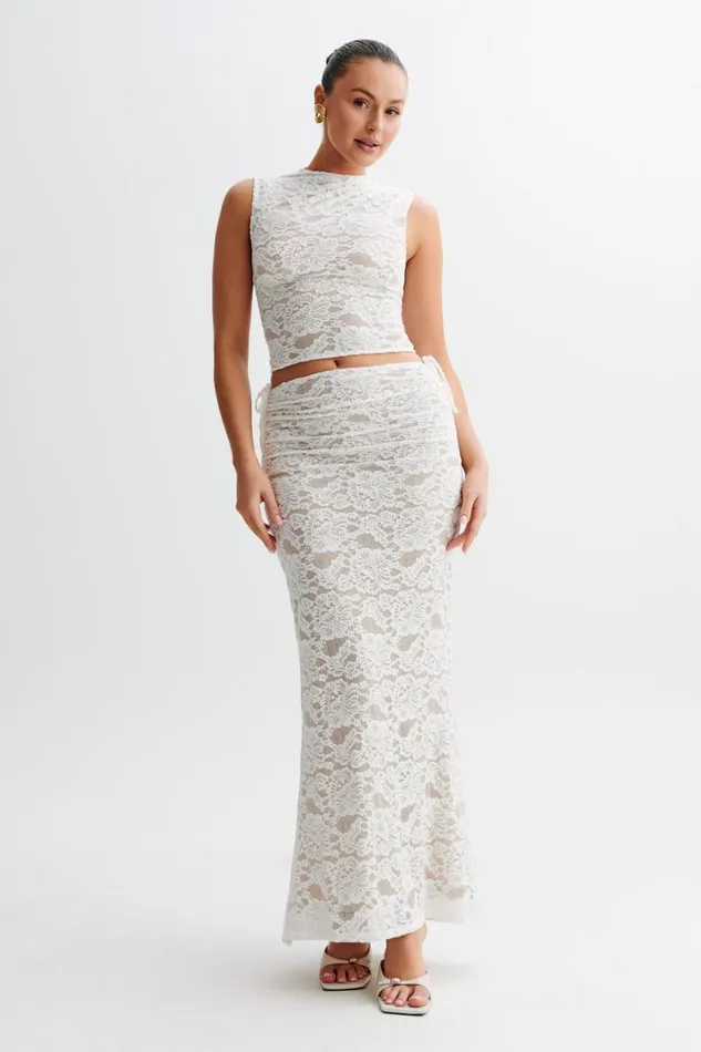 Women Meshki Bottoms Daniela Lace Plisse Ruched Maxi Skirt 8211 Ivory