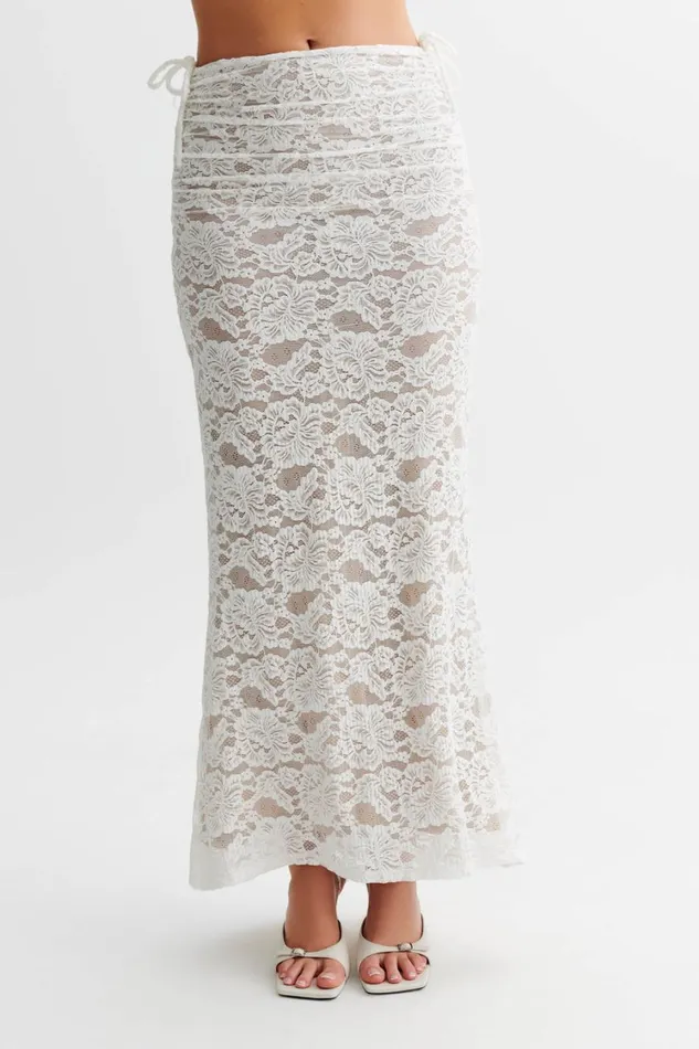 Women Meshki Bottoms Daniela Lace Plisse Ruched Maxi Skirt 8211 Ivory