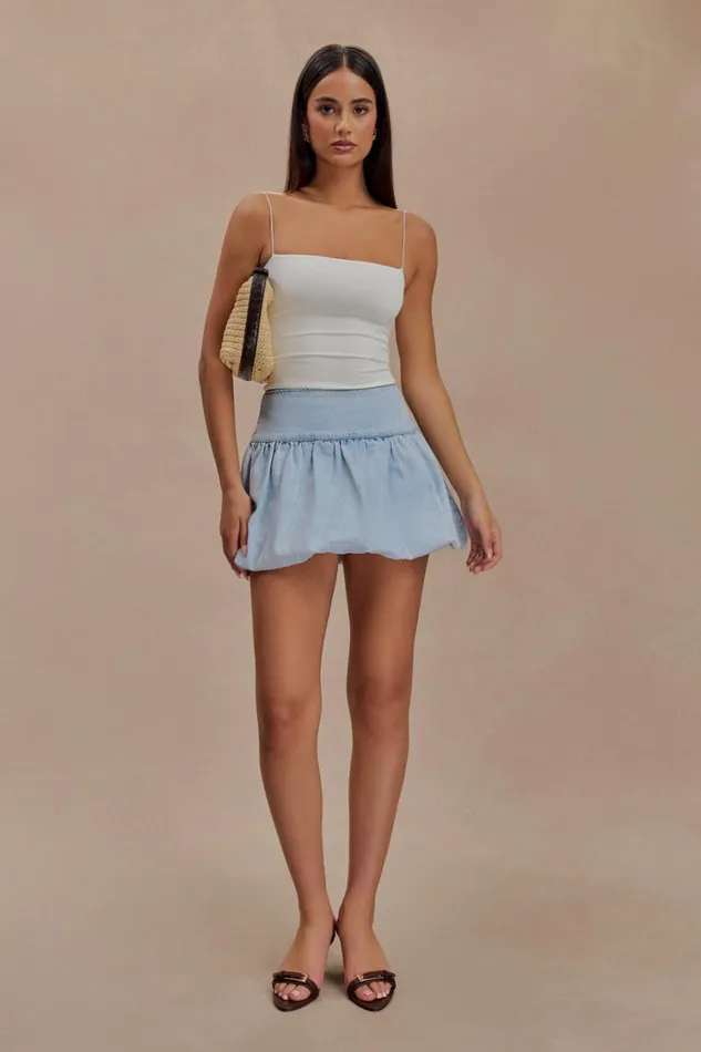 Women Meshki Bottoms Genia Denim Bubble Mini Skirt 8211 Light Blue