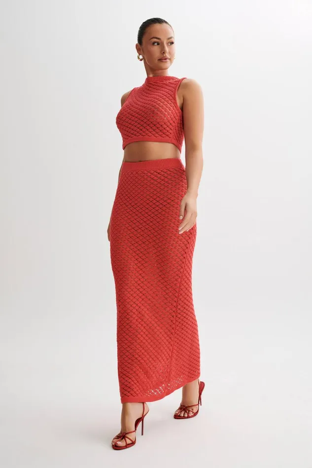 Women Meshki Bottoms Guiliana Knit Maxi Skirt 8211 Pomegranate