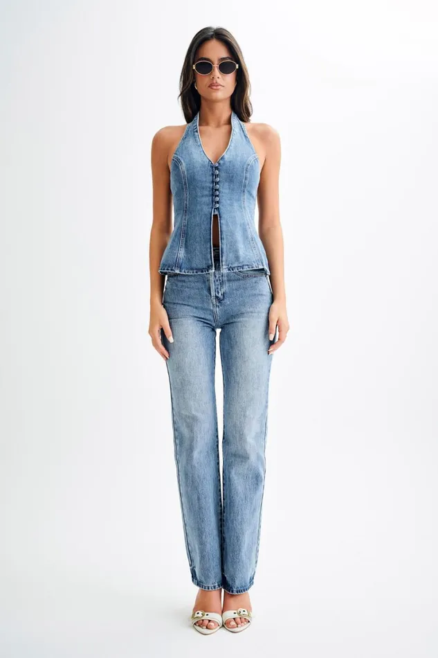 Women Meshki Bottoms Janine High Waisted Straight Leg Jeans 8211 Washed Mid Blue