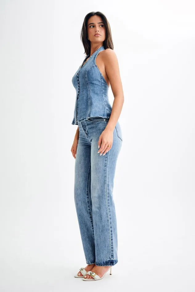 Women Meshki Bottoms Janine High Waisted Straight Leg Jeans 8211 Washed Mid Blue