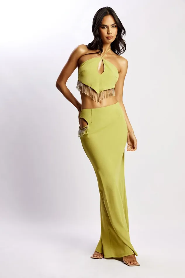 Women Meshki Bottoms Jayleen Maxi Skirt With Fringe 8211 Chartreuse