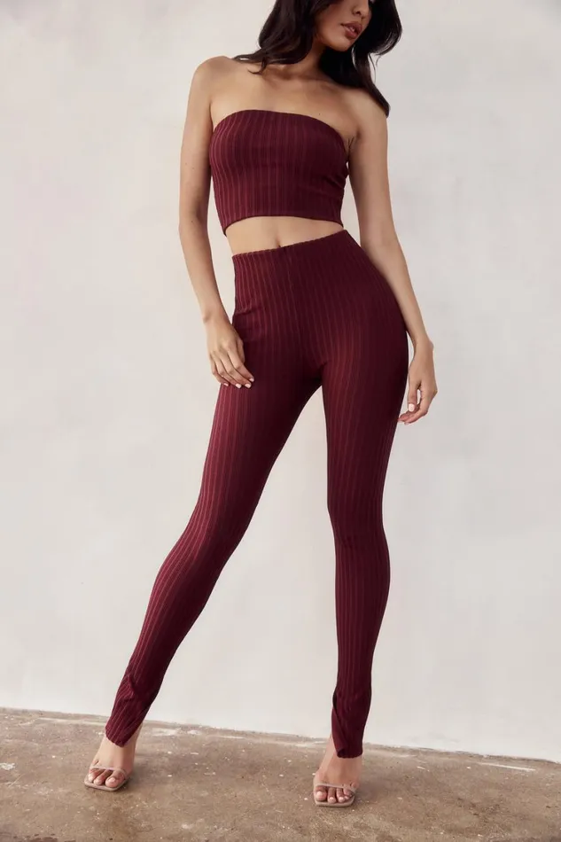 Women Meshki Bottoms Jordi Side Split Knit Leggings 8211 Cherry Chocolate