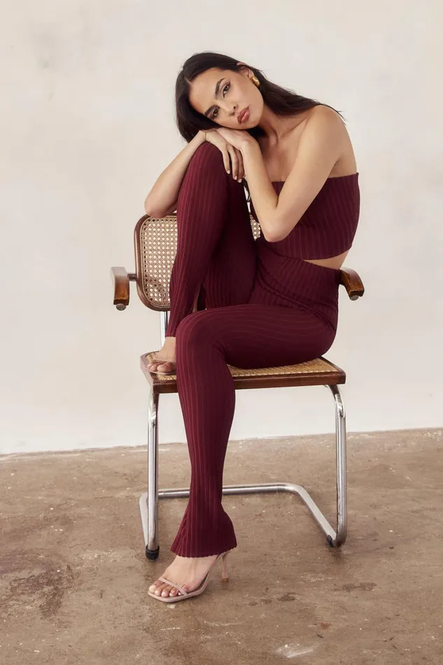 Women Meshki Bottoms Jordi Side Split Knit Leggings 8211 Cherry Chocolate