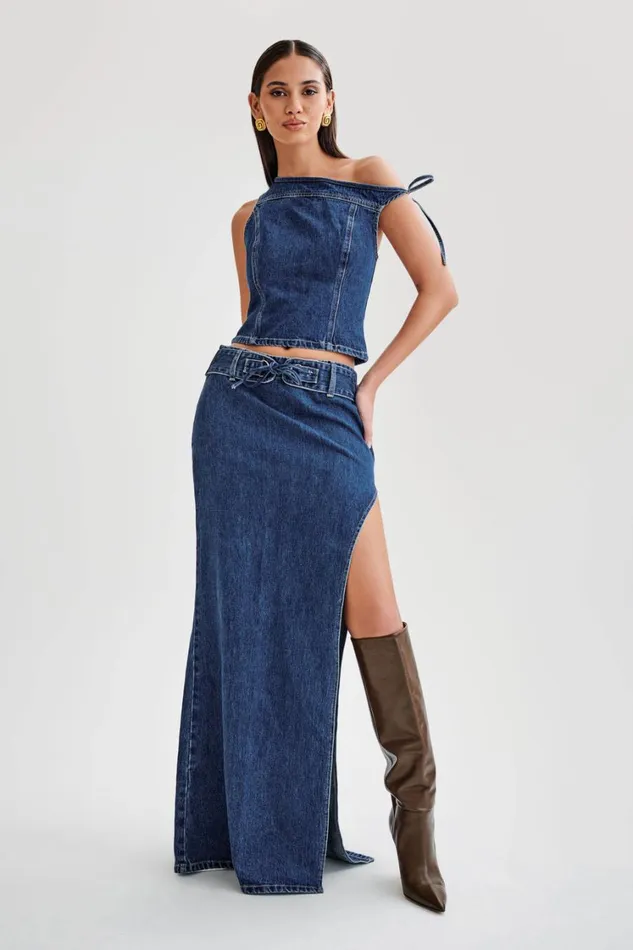 Women Meshki Bottoms Ramsey Denim Maxi Skirt With Split 8211 Dark Blue