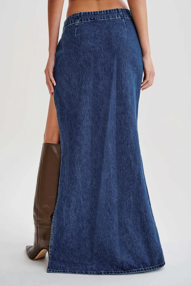 Women Meshki Bottoms Ramsey Denim Maxi Skirt With Split 8211 Dark Blue
