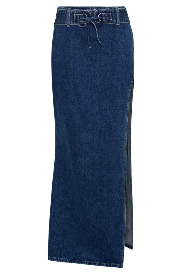 Women Meshki Bottoms Ramsey Denim Maxi Skirt With Split 8211 Dark Blue