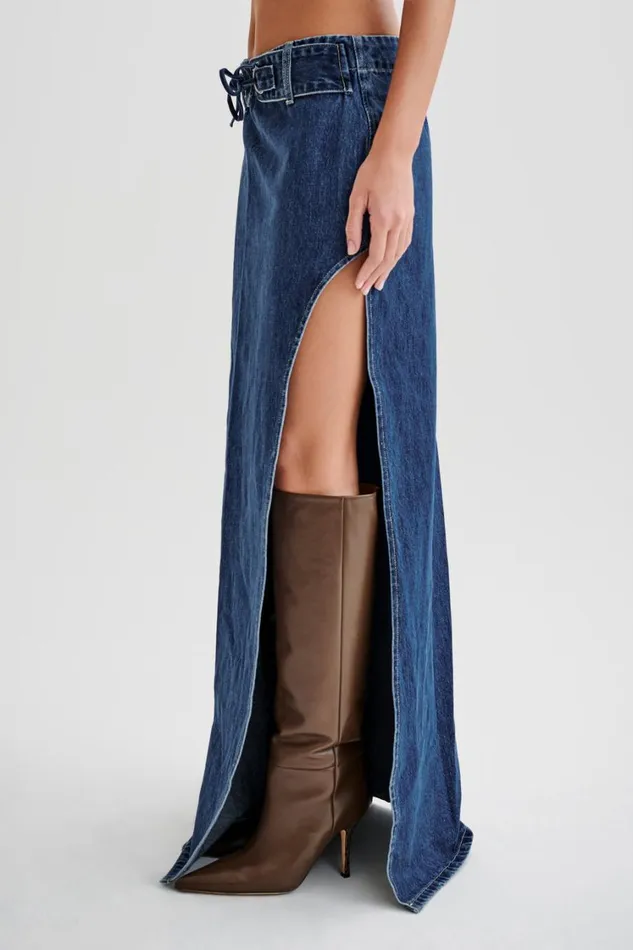 Women Meshki Bottoms Ramsey Denim Maxi Skirt With Split 8211 Dark Blue
