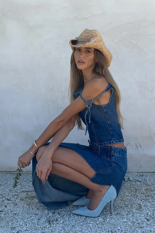 Women Meshki Bottoms Ramsey Denim Maxi Skirt With Split 8211 Dark Blue
