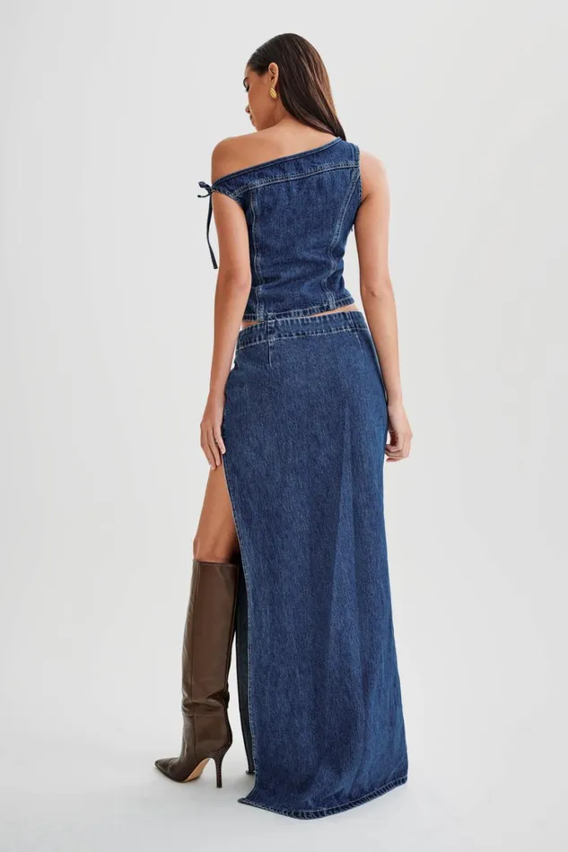 Women Meshki Bottoms Ramsey Denim Maxi Skirt With Split 8211 Dark Blue