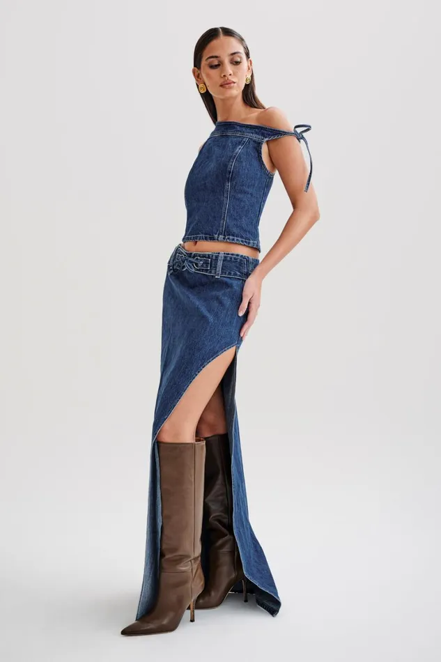 Women Meshki Bottoms Ramsey Denim Maxi Skirt With Split 8211 Dark Blue