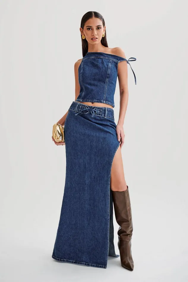 Women Meshki Bottoms Ramsey Denim Maxi Skirt With Split 8211 Dark Blue