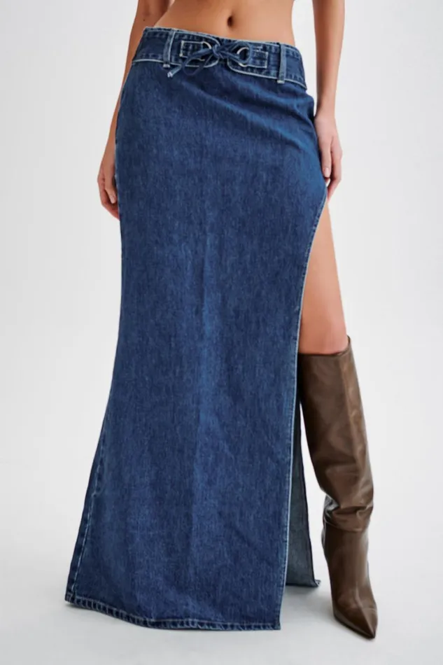 Women Meshki Bottoms Ramsey Denim Maxi Skirt With Split 8211 Dark Blue