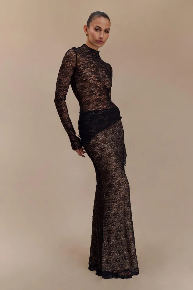 Women Meshki Bottoms Robyn Sheer Lace Maxi Skirt 8211 Black