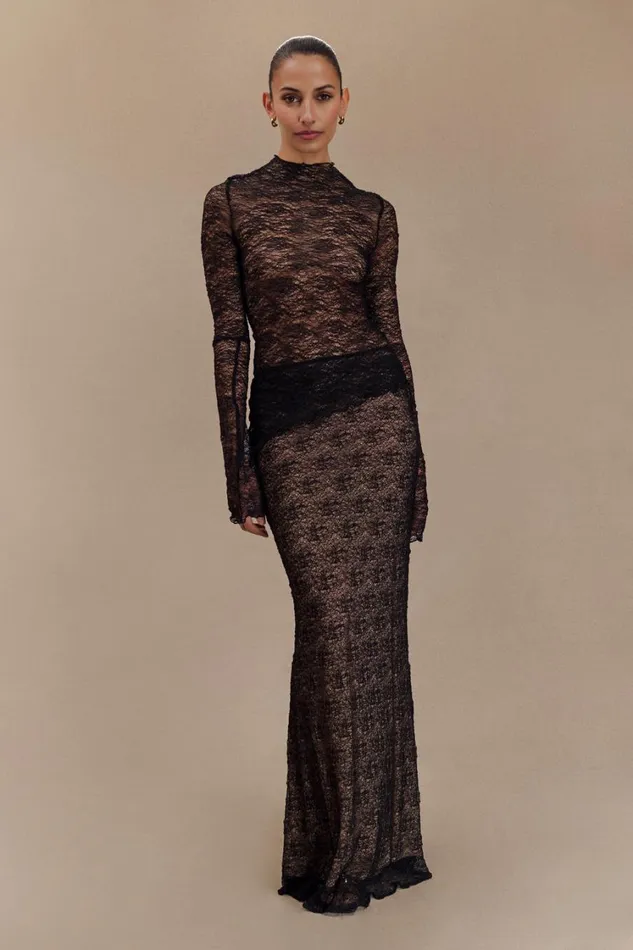 Women Meshki Bottoms Robyn Sheer Lace Maxi Skirt 8211 Black