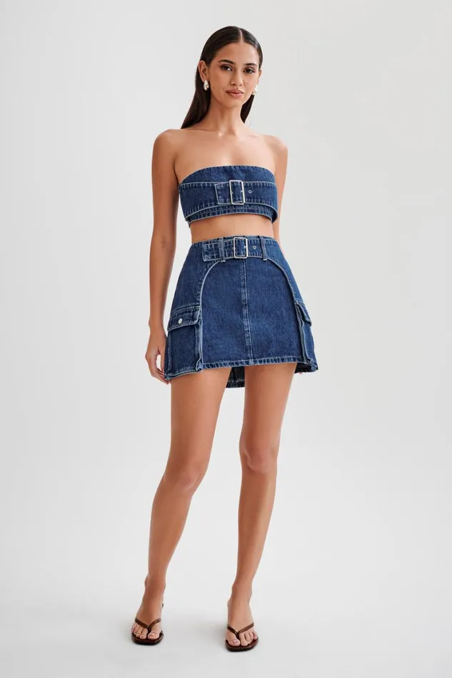 Women Meshki Bottoms Rowena Denim Buckle Mini Skirt 8211 Dark Blue