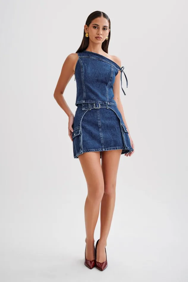 Women Meshki Bottoms Rowena Denim Buckle Mini Skirt 8211 Dark Blue
