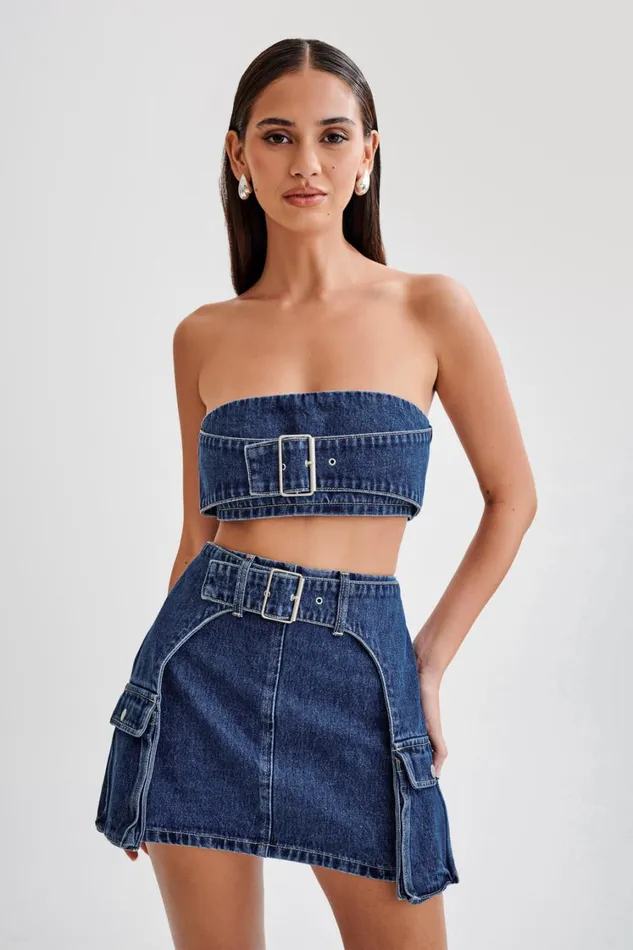 Women Meshki Bottoms Rowena Denim Buckle Mini Skirt 8211 Dark Blue