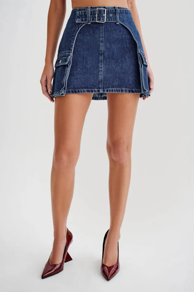 Women Meshki Bottoms Rowena Denim Buckle Mini Skirt 8211 Dark Blue