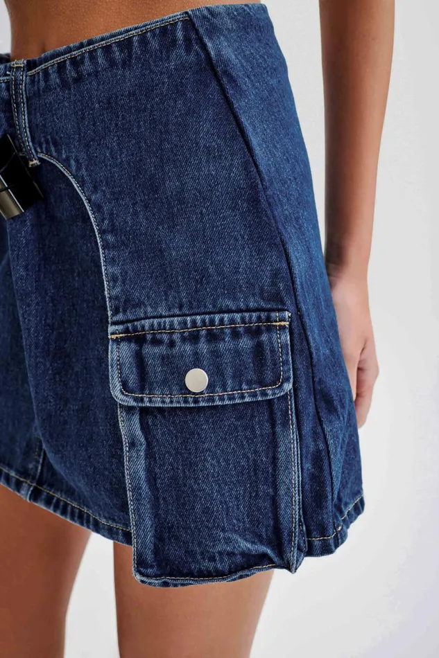 Women Meshki Bottoms Rowena Denim Buckle Mini Skirt 8211 Dark Blue