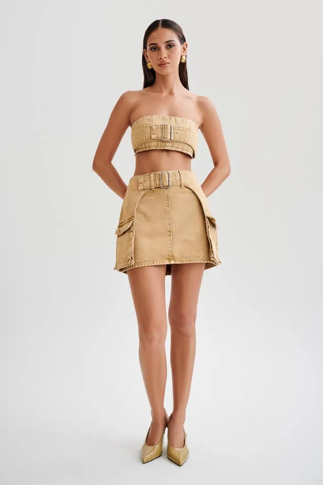 Women Meshki Bottoms Rowena Denim Buckle Mini Skirt 8211 Tan Acid Wash