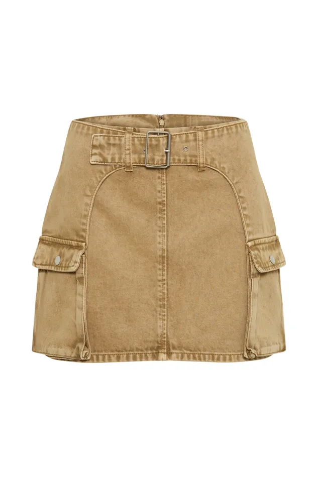 Women Meshki Bottoms Rowena Denim Buckle Mini Skirt 8211 Tan Acid Wash