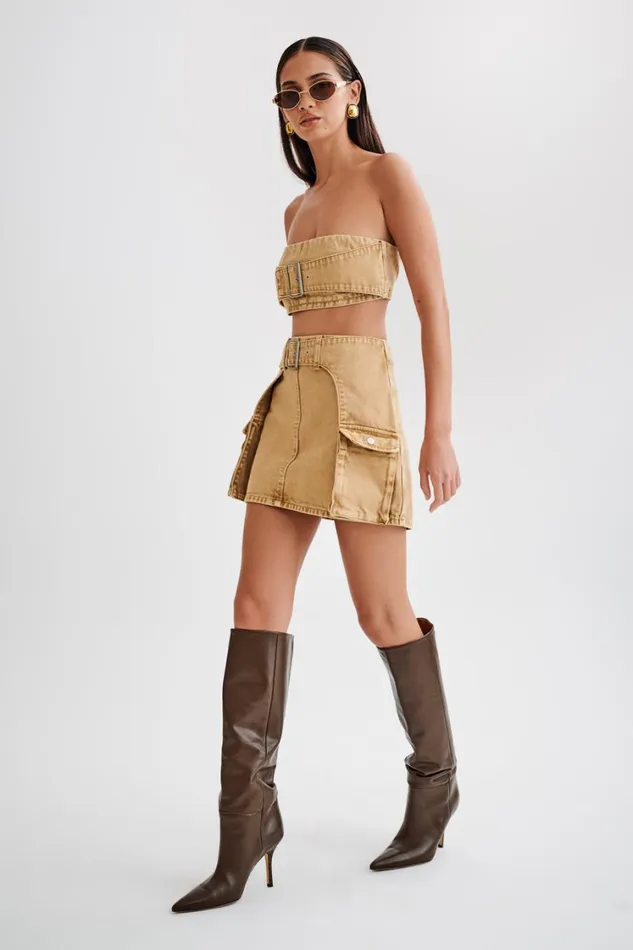 Women Meshki Bottoms Rowena Denim Buckle Mini Skirt 8211 Tan Acid Wash