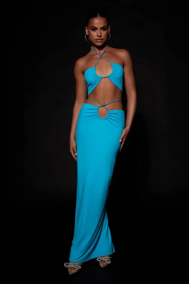 Women Meshki Bottoms Ruby Diamante Rope Ruched Maxi Skirt 8211 Cyan Blue