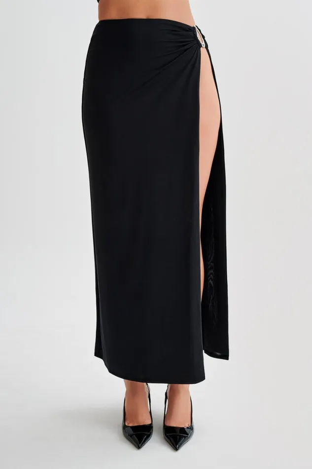 Women Meshki Bottoms Suri Slinky Maxi Skirt With Silver Hardware 8211 Black