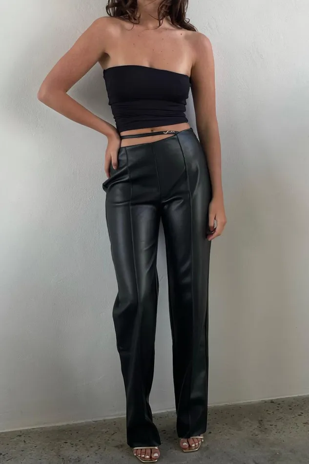 Women Meshki Bottoms Zarsa Wide Leg Mid Rise Pu Pant 8211 Black