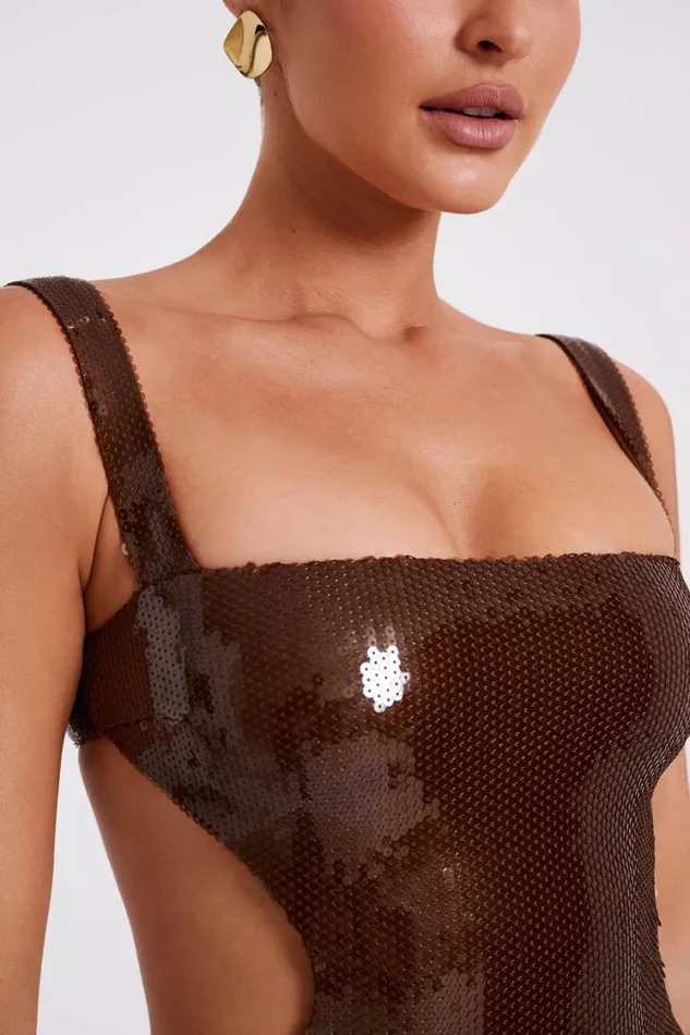 Women Meshki Dresses Adoria Sequin Cut Out Maxi Dress 8211 Chocolate