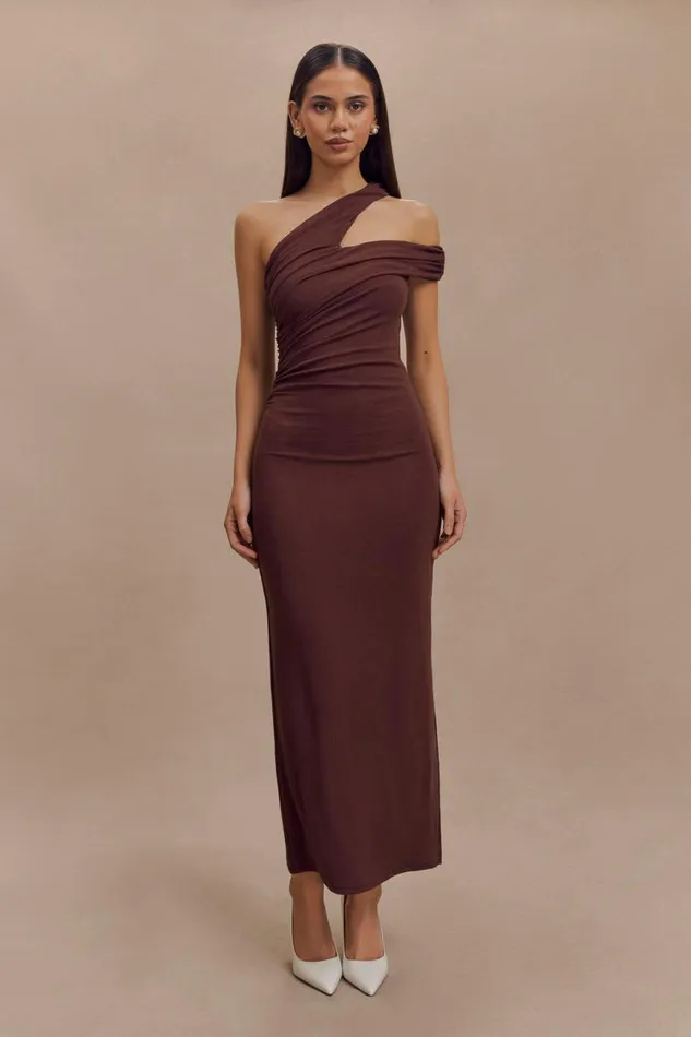 Women Meshki Dresses Anastasia One Shoulder Modal Midi Dress 8211 Mahogany