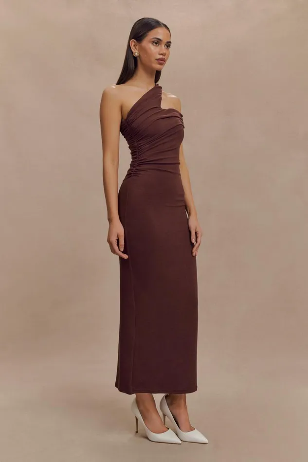 Women Meshki Dresses Anastasia One Shoulder Modal Midi Dress 8211 Mahogany