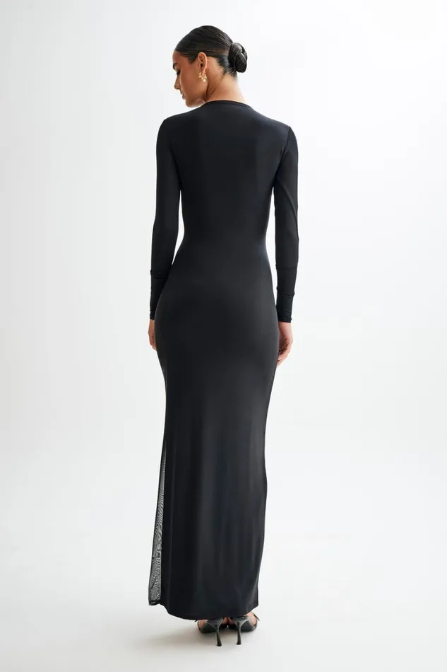 Women Meshki Dresses Andretti Slinky Long Sleeve Maxi Dress With Mesh 8211 Black