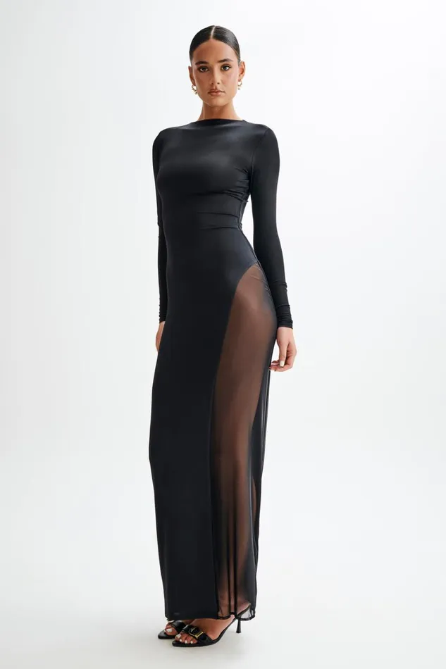 Women Meshki Dresses Andretti Slinky Long Sleeve Maxi Dress With Mesh 8211 Black