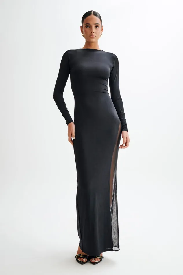 Women Meshki Dresses Andretti Slinky Long Sleeve Maxi Dress With Mesh 8211 Black