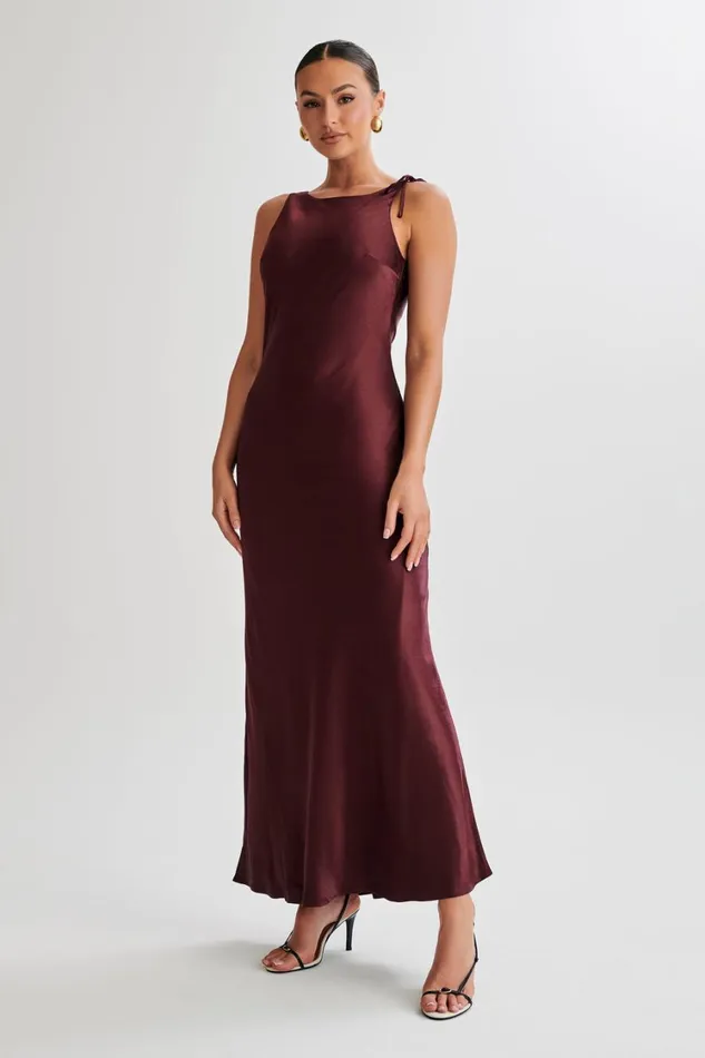 Women Meshki Dresses Annalise Satin Maxi Dress With Tie 8211 Plum