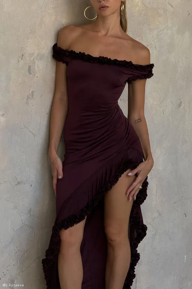 Women Meshki Dresses Arielle Off Shoulder Ruffle Midi Dress 8211 Plum
