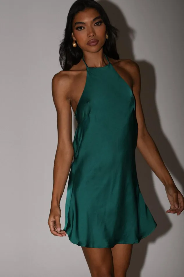 Women Meshki Dresses Atlas Satin Bow Mini Dress 8211 Emerald