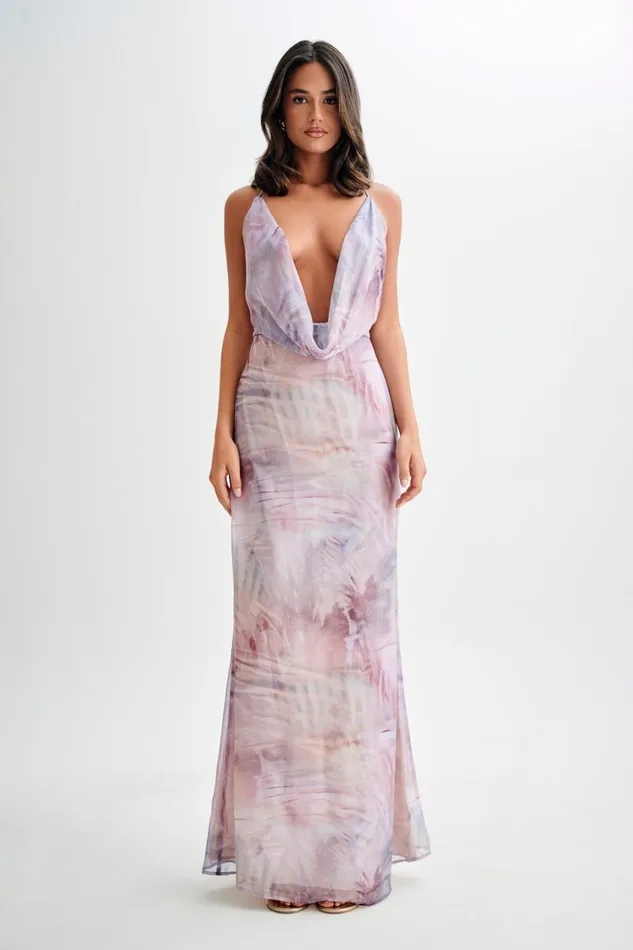 Women Meshki Dresses Attina Cowl Chiffon Maxi Dress 8211 Mermaid Shell Print