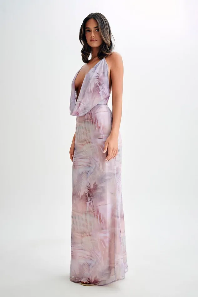 Women Meshki Dresses Attina Cowl Chiffon Maxi Dress 8211 Mermaid Shell Print
