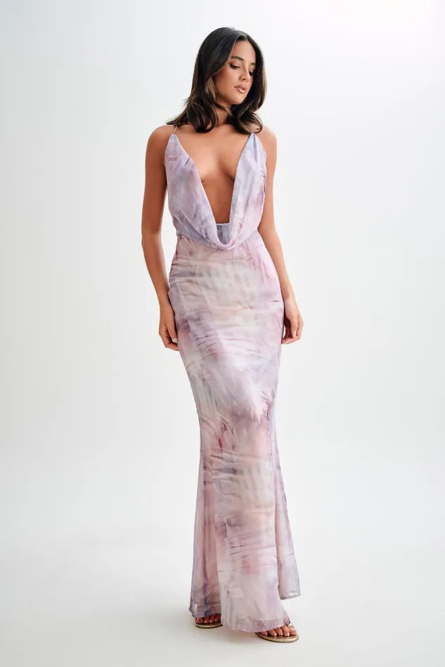 Women Meshki Dresses Attina Cowl Chiffon Maxi Dress 8211 Mermaid Shell Print