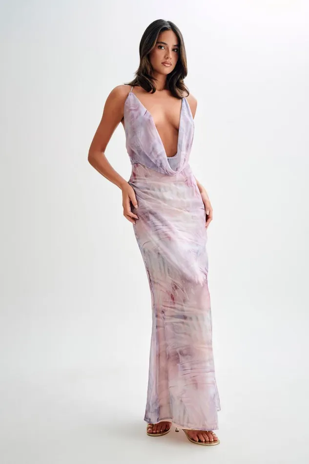 Women Meshki Dresses Attina Cowl Chiffon Maxi Dress 8211 Mermaid Shell Print