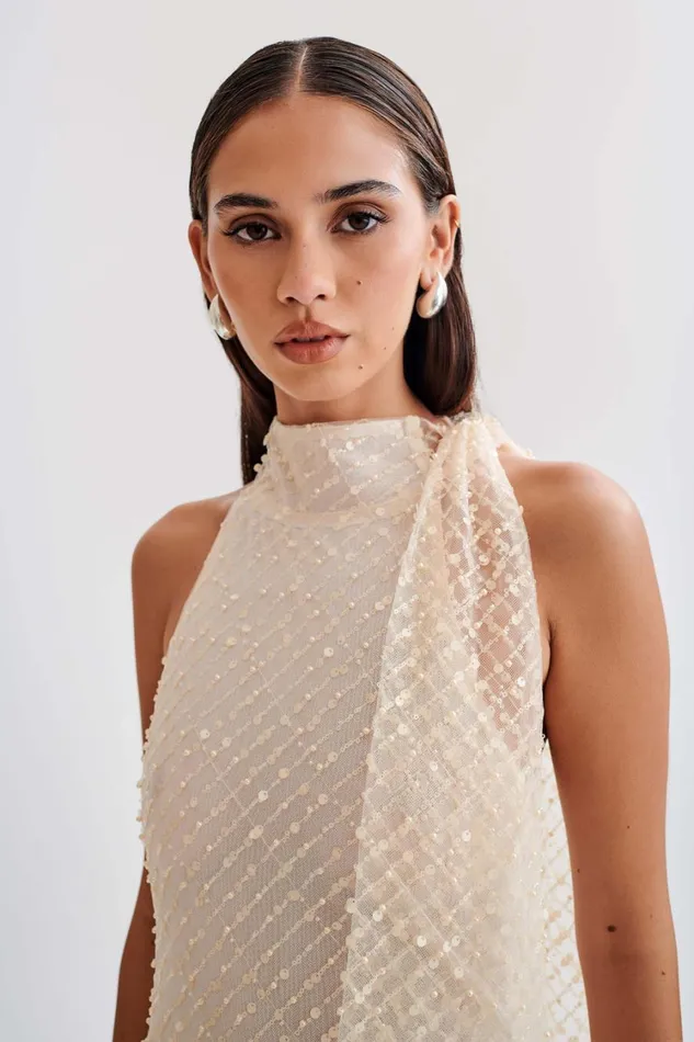 Women Meshki Dresses Aubriella Sequin Halter Mini Dress With Tie 8211 Buttercream