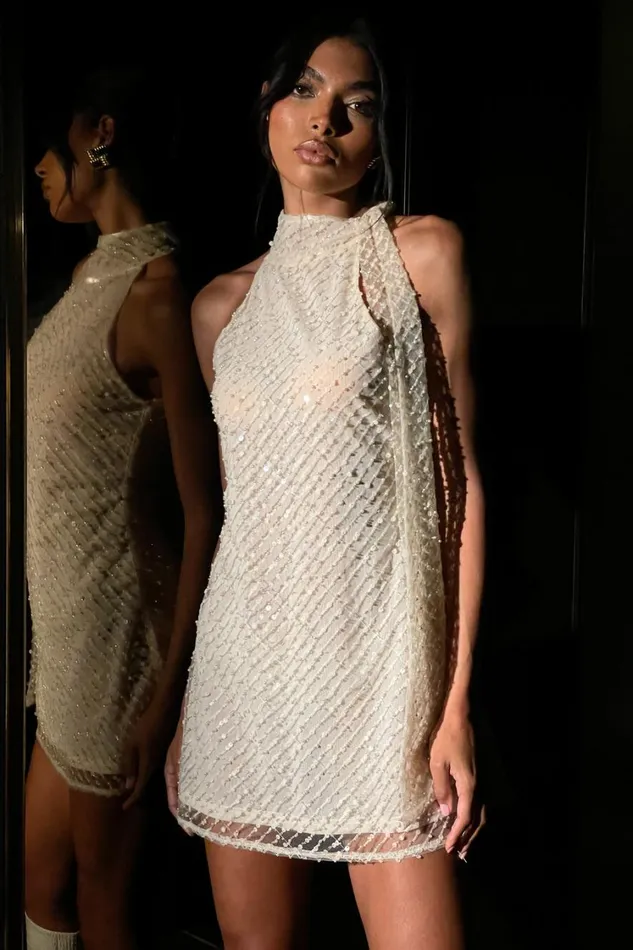 Women Meshki Dresses Aubriella Sequin Halter Mini Dress With Tie 8211 Buttercream