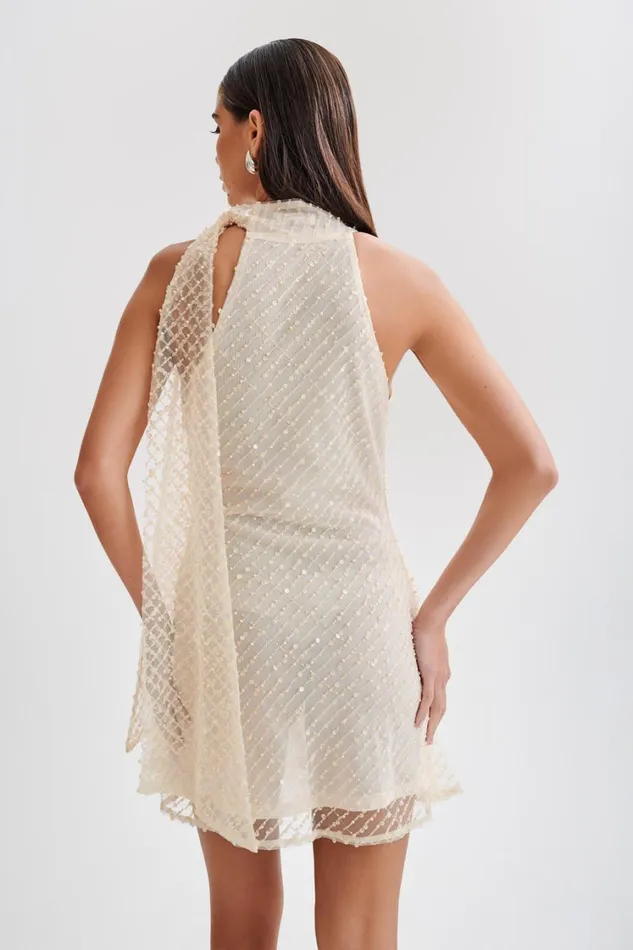Women Meshki Dresses Aubriella Sequin Halter Mini Dress With Tie 8211 Buttercream