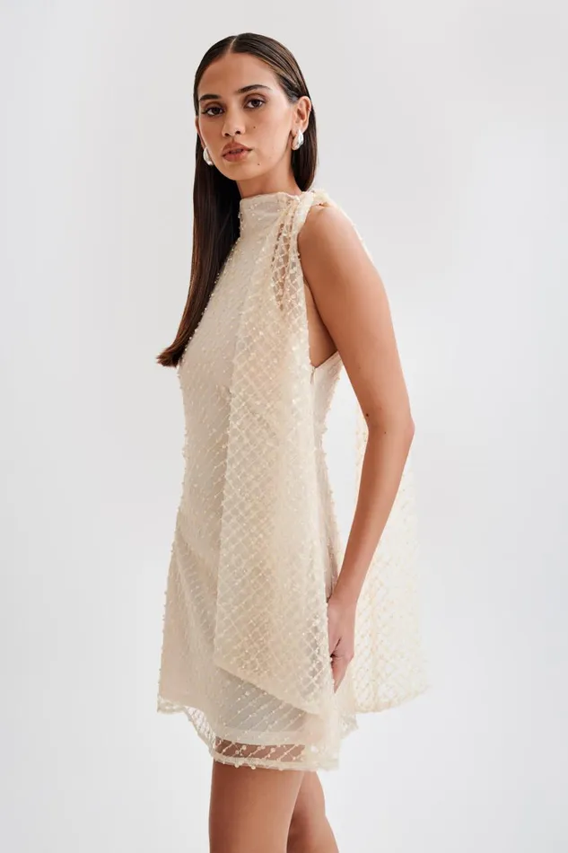 Women Meshki Dresses Aubriella Sequin Halter Mini Dress With Tie 8211 Buttercream